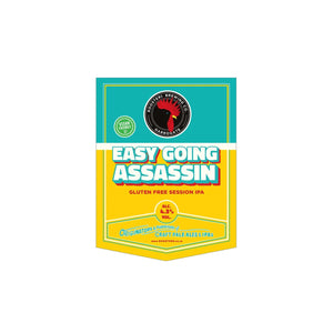 Beer label for 'Easy Going Assassin' gluten-free session IPA with a colorful design.
